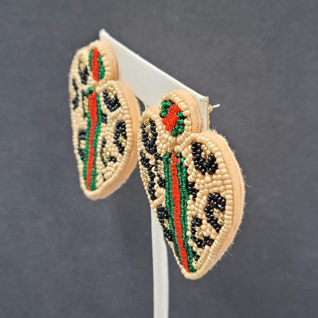 Pierced Earrings Seed Bead on Felt Large Statement Leopard Print 2.25"