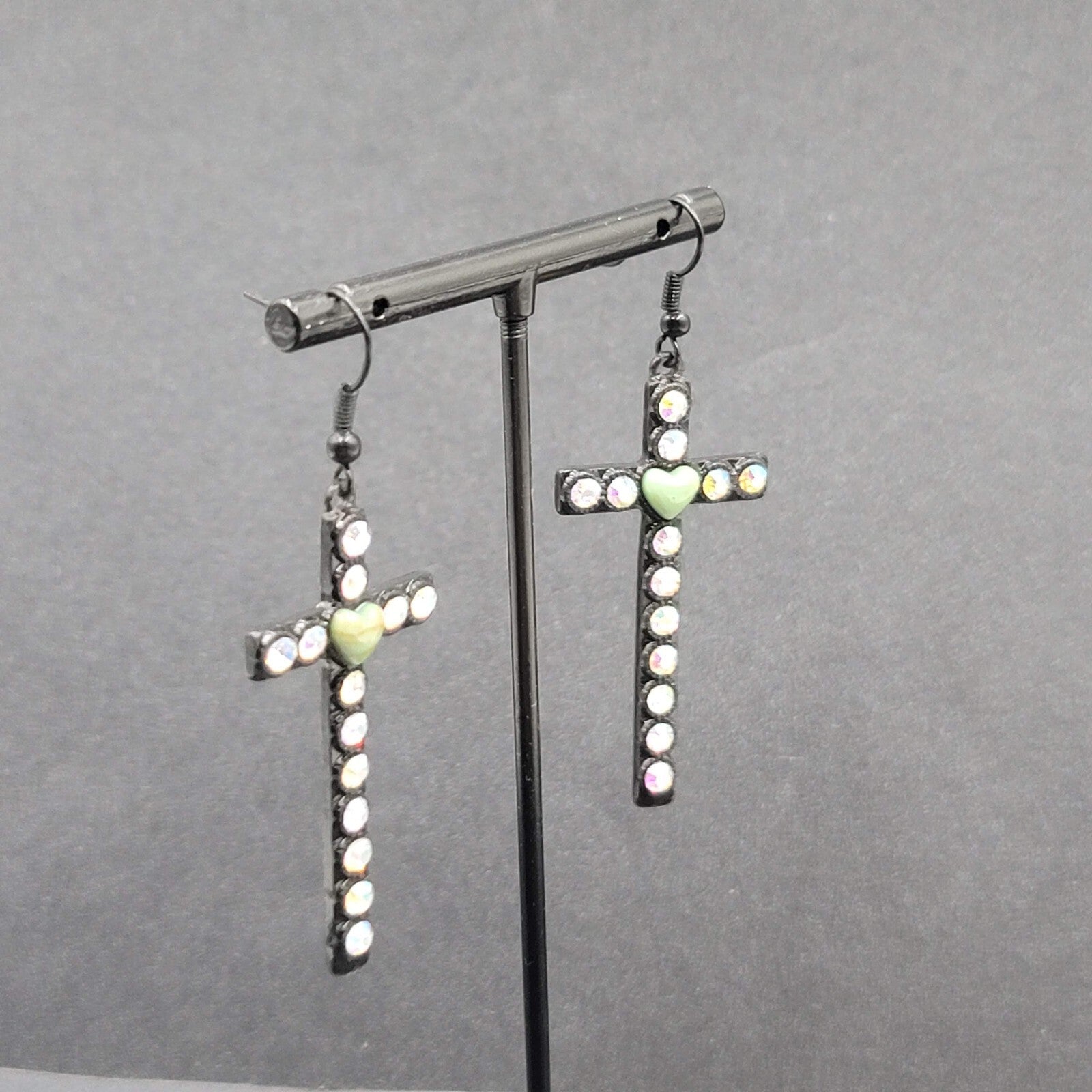 Cross Heart Pierced Earrings Black Metal Enamel AB Rhinestones Dangle 1 7/8"