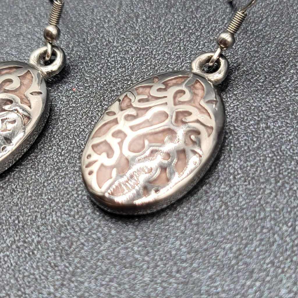 Pierced Earrings Silver tone Stainless Steel Oval Peach Enamel Dangle 1 1/8"