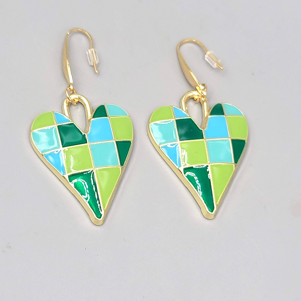 Green Enamel Checkered Heart Pierced Earrings Gold tone Dangle Large 1.5"