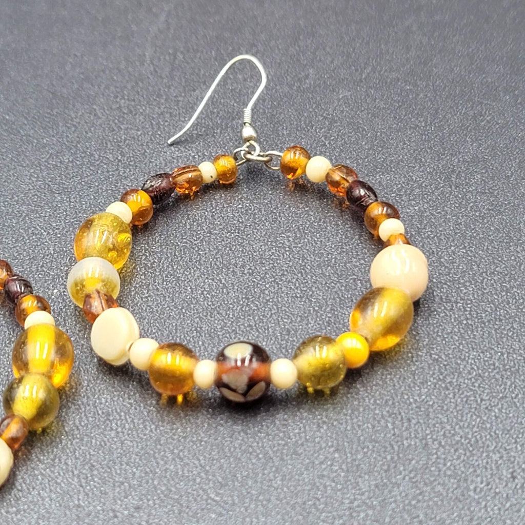Pierced Earrings Silver tone Brown Glass Bead Hoops 2"