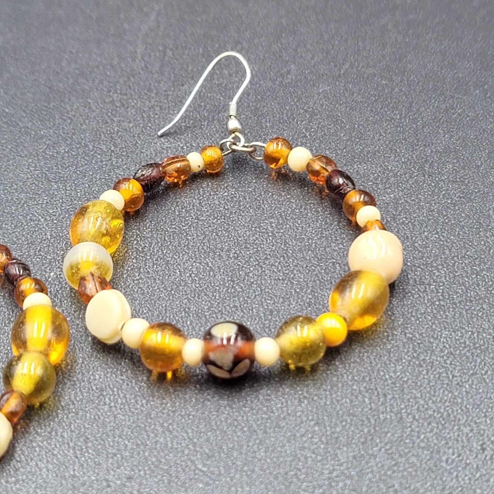 Pierced Earrings Silver tone Brown Glass Bead Hoops 2"