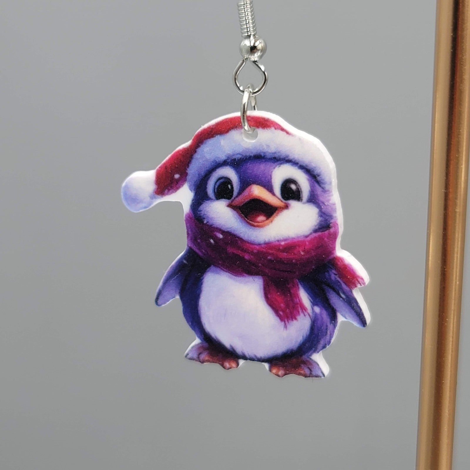 Winter Penguin Pierced Earrings Silver tone Dangle 1.25 in