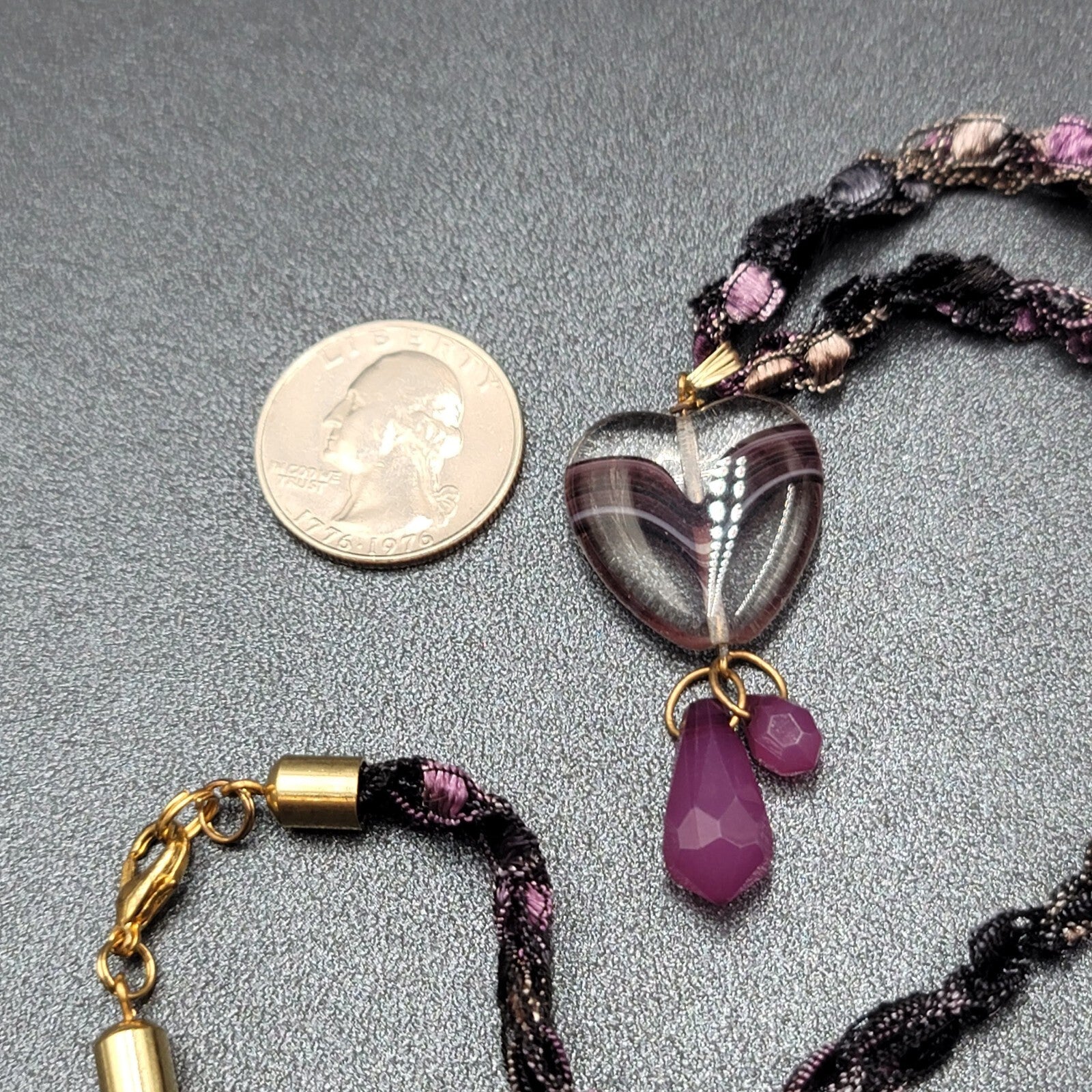 Purple Necklace Art Glass Heart Pendant 20"