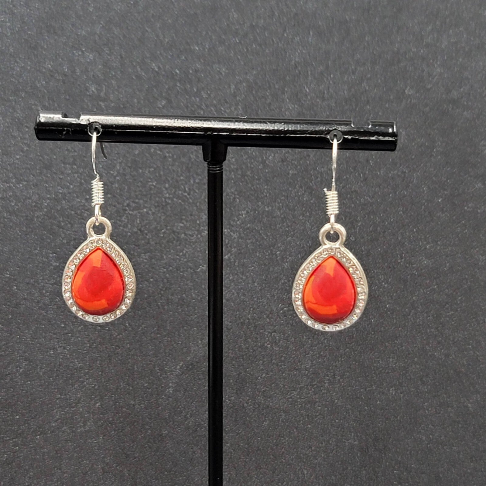 Pierced Earrings Silver tone Red Orange Polymer Clay Teardrop Rhinestone 3/4"