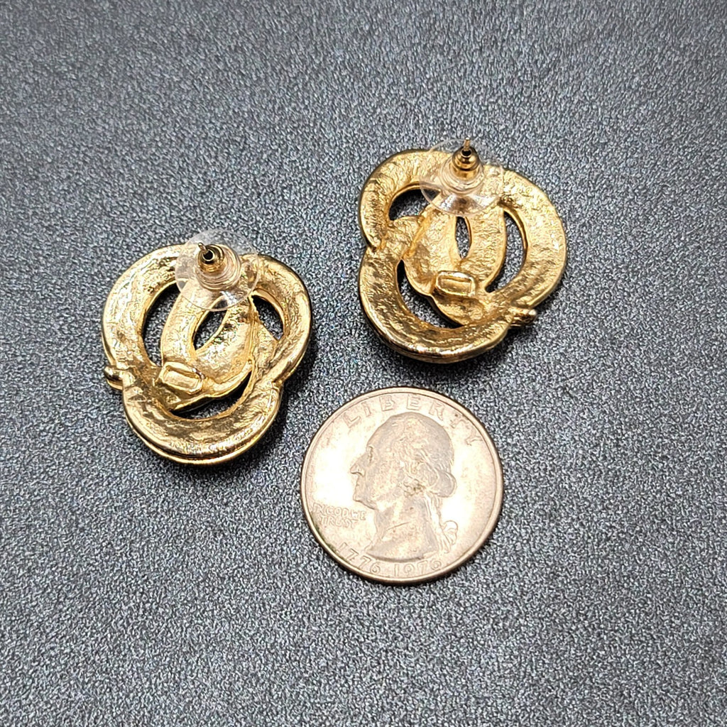 Vintage Pierced Earrings Tan Pink Green Swirl Enamel Gold tone Drop 1 1/8"