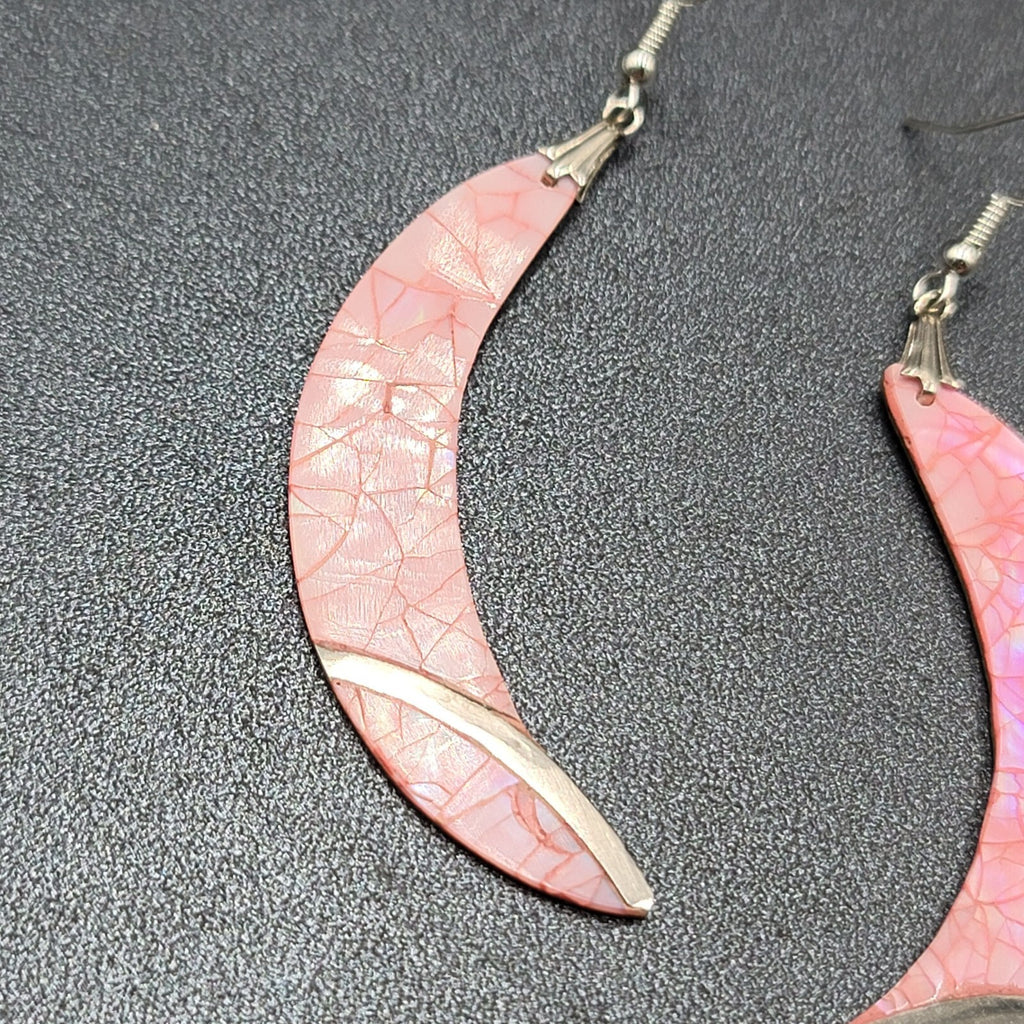 Vintage Pierced Earrings Silver tone Pink Mother of Pearl Inlay Statement 2.75"