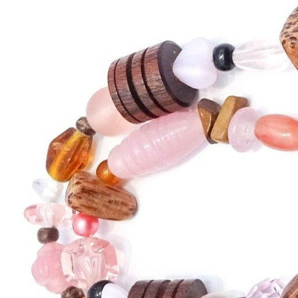 Pink Art Glass Seed Wood Beaded Double Strand Toggle Clasp Bracelet 7 1/2"