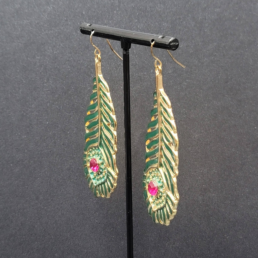 Metal Feather Pierced Earrings Green Enamel Pink Rhinestone Large Dangle 2 5/8"