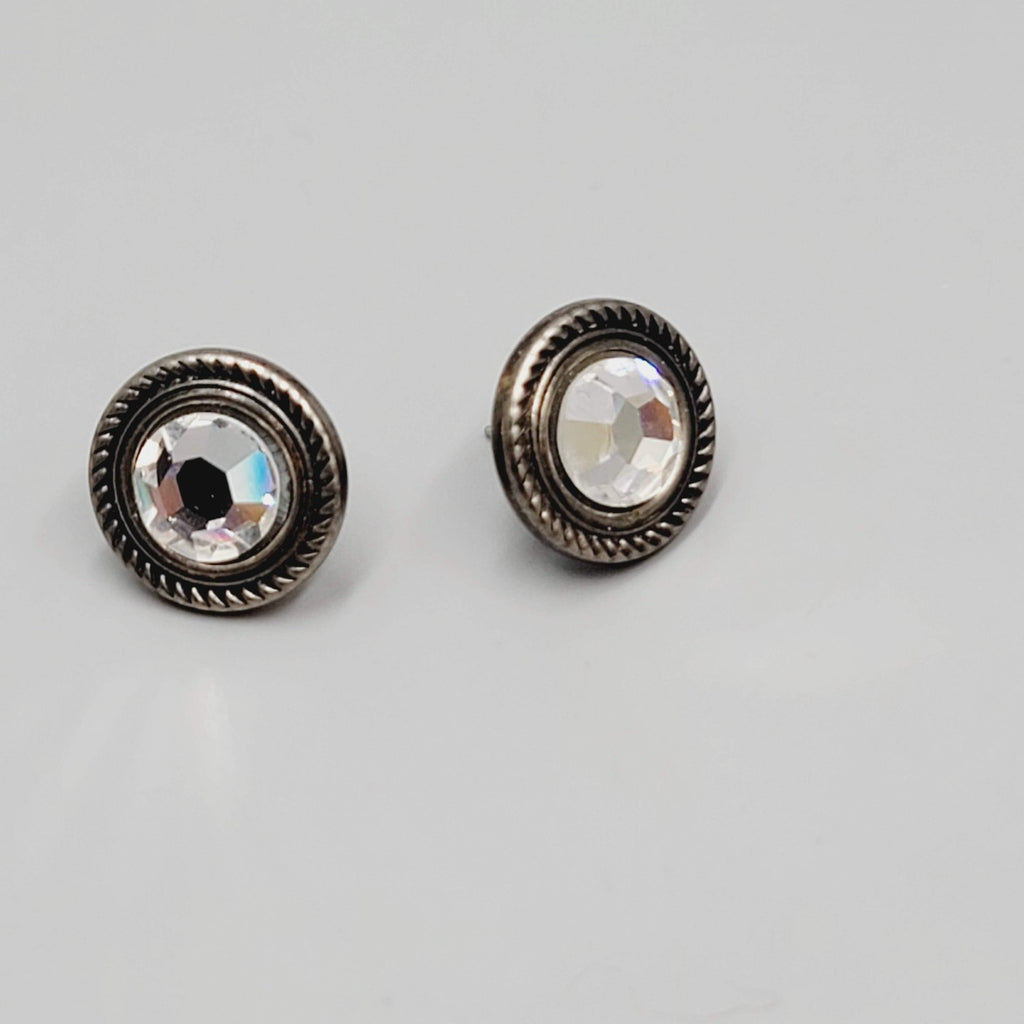 Round Gray Metal Clear Rhinestone Pierced Earrings Studs 5/8"