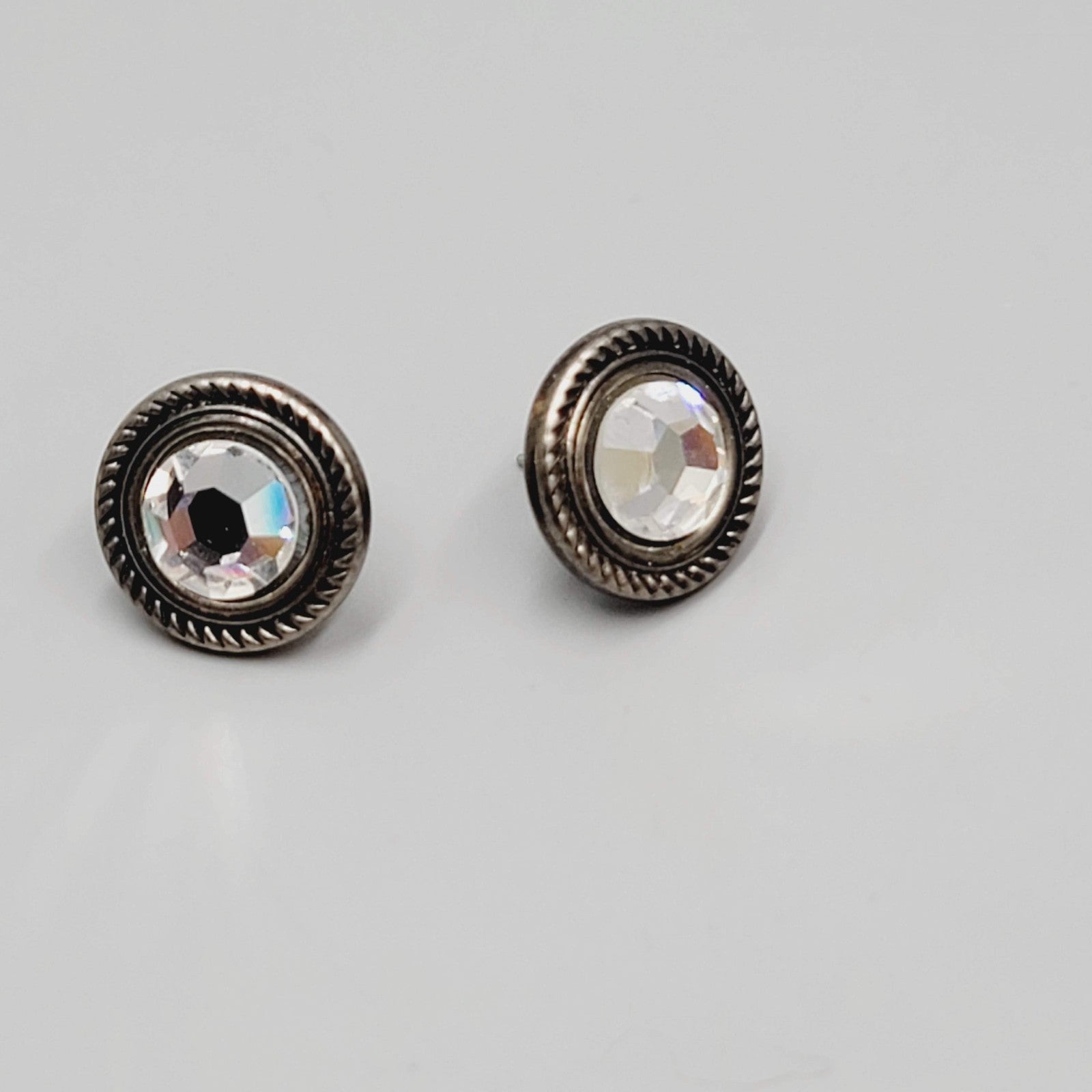 Round Gray Metal Clear Rhinestone Pierced Earrings Studs 5/8"