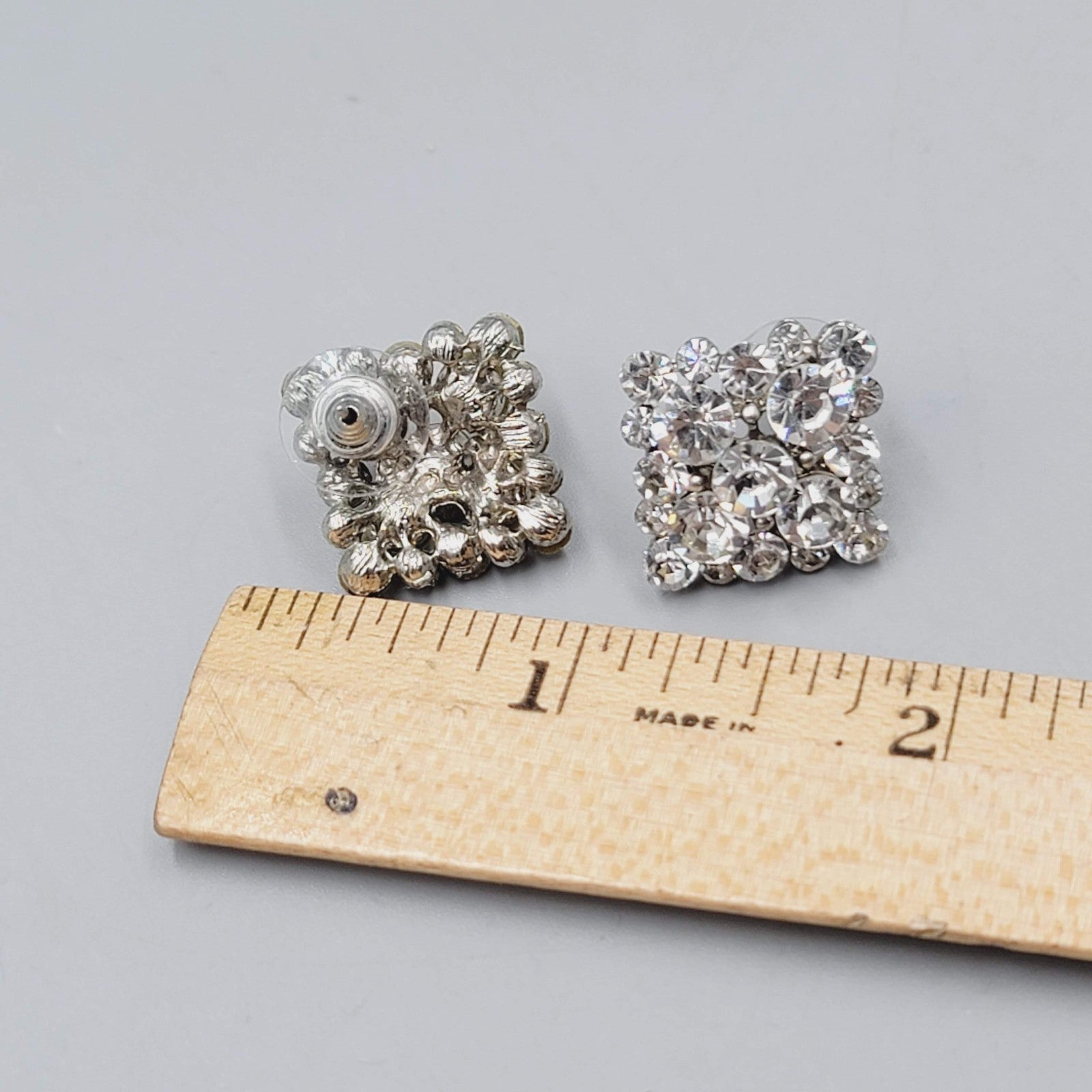 Rhinestone Pierced Earrings Silver tone Square Drop 7/8"