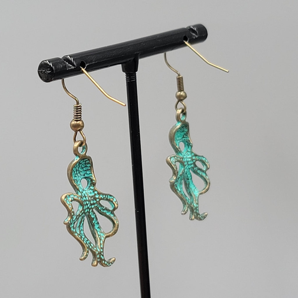 Octopus Beach Sea life Pierced Earrings Bronze tone Green wash Dangle 1 1/8"