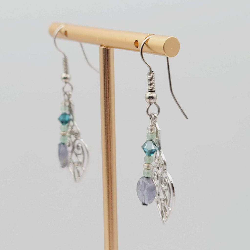 Lavalier Pierced Earrings Purple Blue Beads Silver tone Dangle 1.25 in