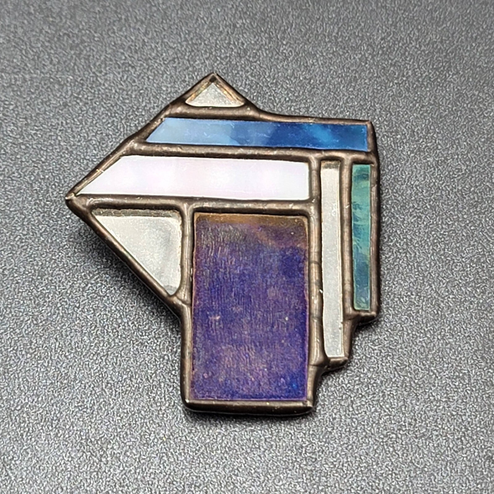 Vintage Stained Glass Brooch Mirror Abstract Lead Handmade 2.25"