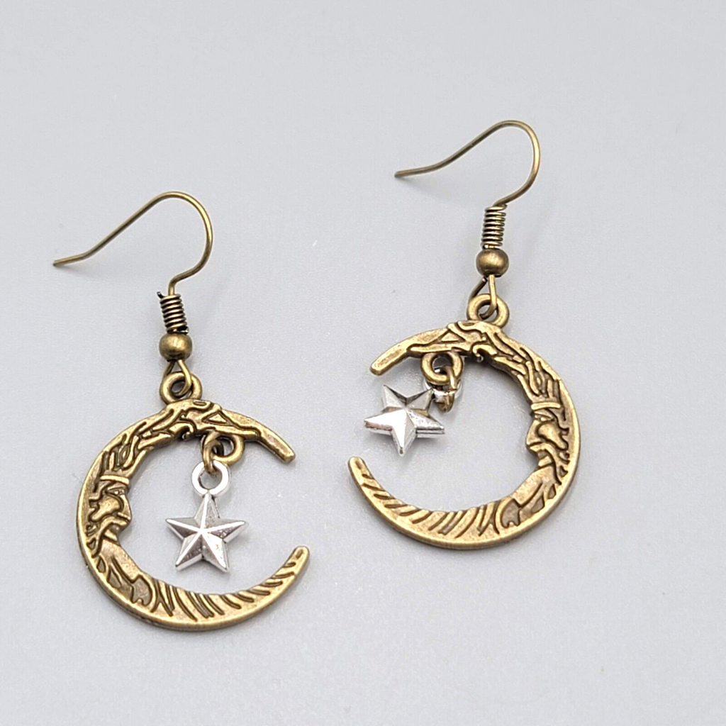 New Man in the Crescent Moon Pierced Earrings Bronze tone Silver Star Dangle 1"