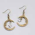 New Man in the Crescent Moon Pierced Earrings Bronze tone Silver Star Dangle 1"