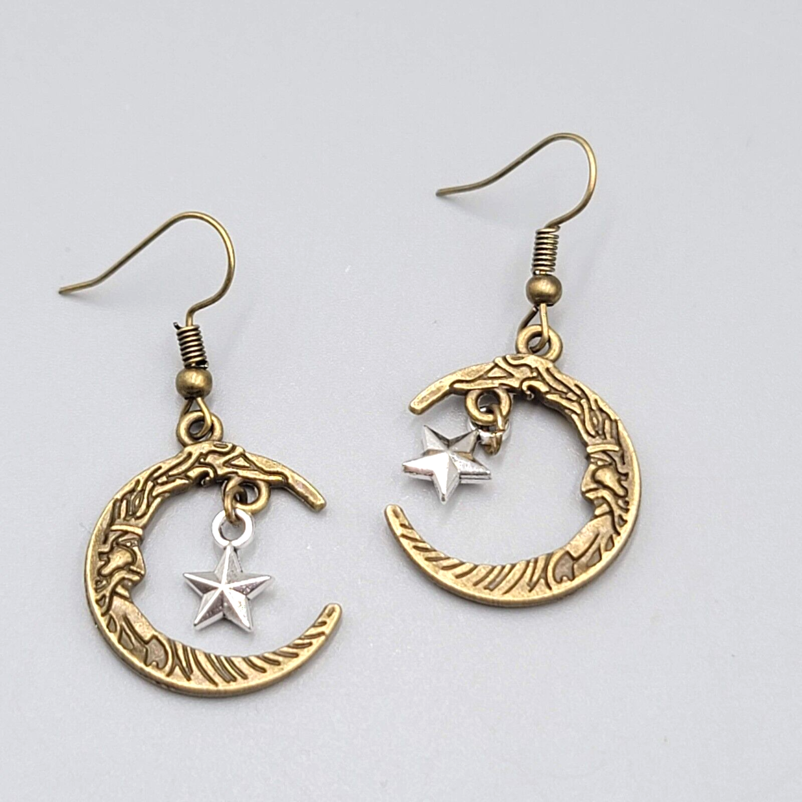 New Man in the Crescent Moon Pierced Earrings Bronze tone Silver Star Dangle 1"