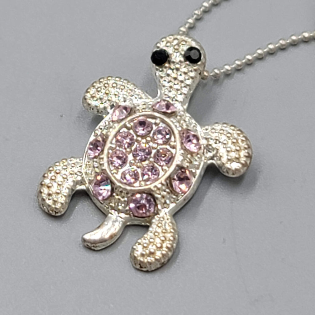 Sea Turtle Necklace Pink Rhinestone Silver tone 18"