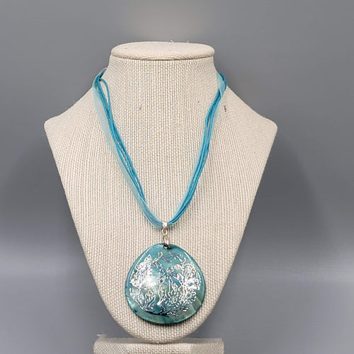 Blue Shell Pendant Necklace Ribbon Silver Embossed Butterfly Flowers 18"