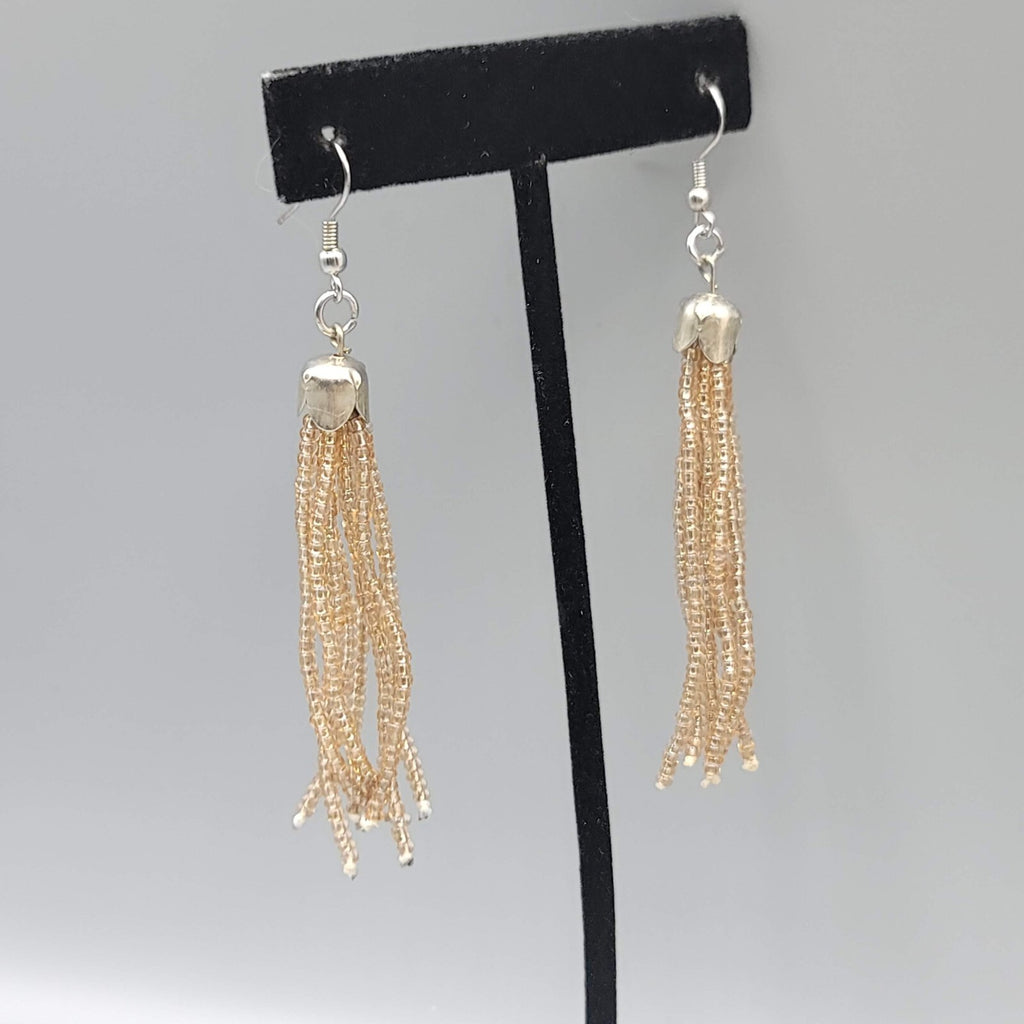 Tassel Pierced Earrings Silver tone Clear Tan Seed Bead Dangle 2.75"