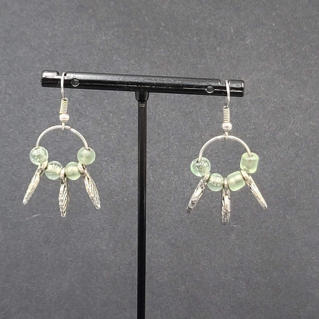 Pierced Earrings Silver tone Green Glass Bead Leaves Dangle  1.25"