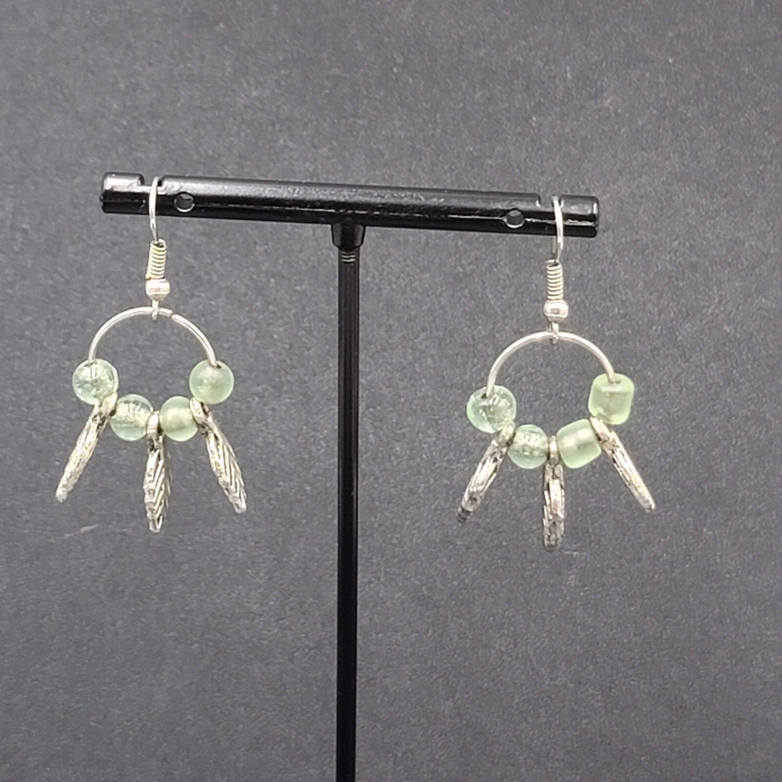 Pierced Earrings Silver tone Green Glass Bead Leaves Dangle  1.25"