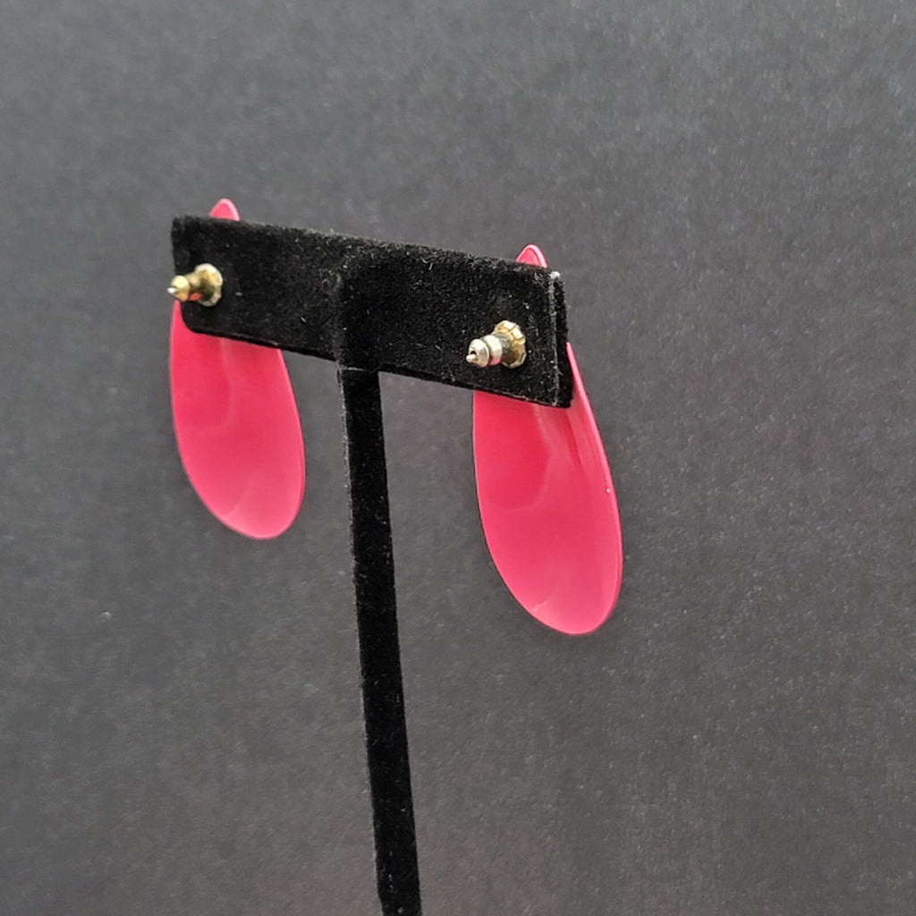 Vintage Pierced Earrings Hot Pink Enamel Long Teardrop 1.5"