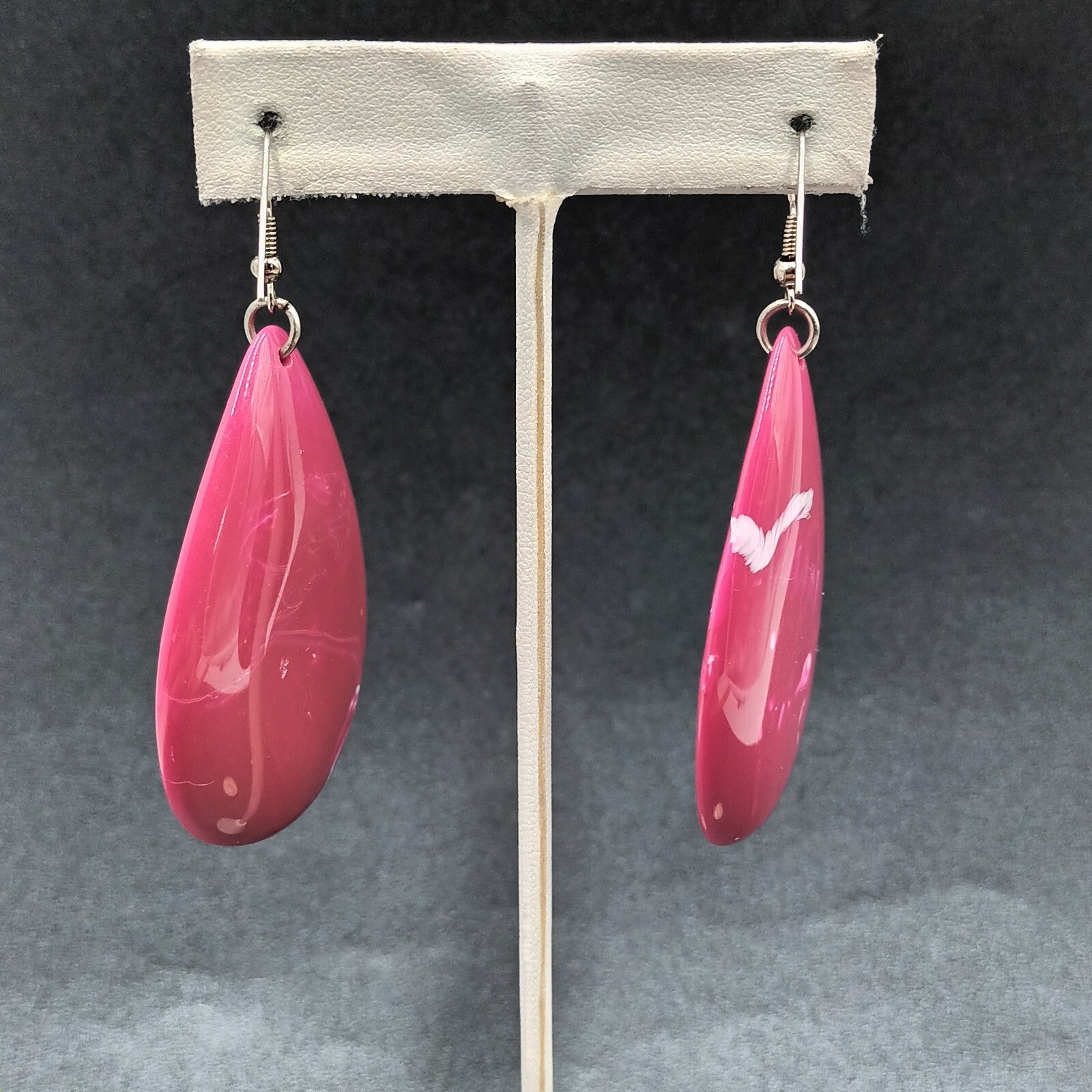 Pierced Earrings Pink Swirl Acrylic Teardrop Silver tone Hook Dangle 2 1/4"