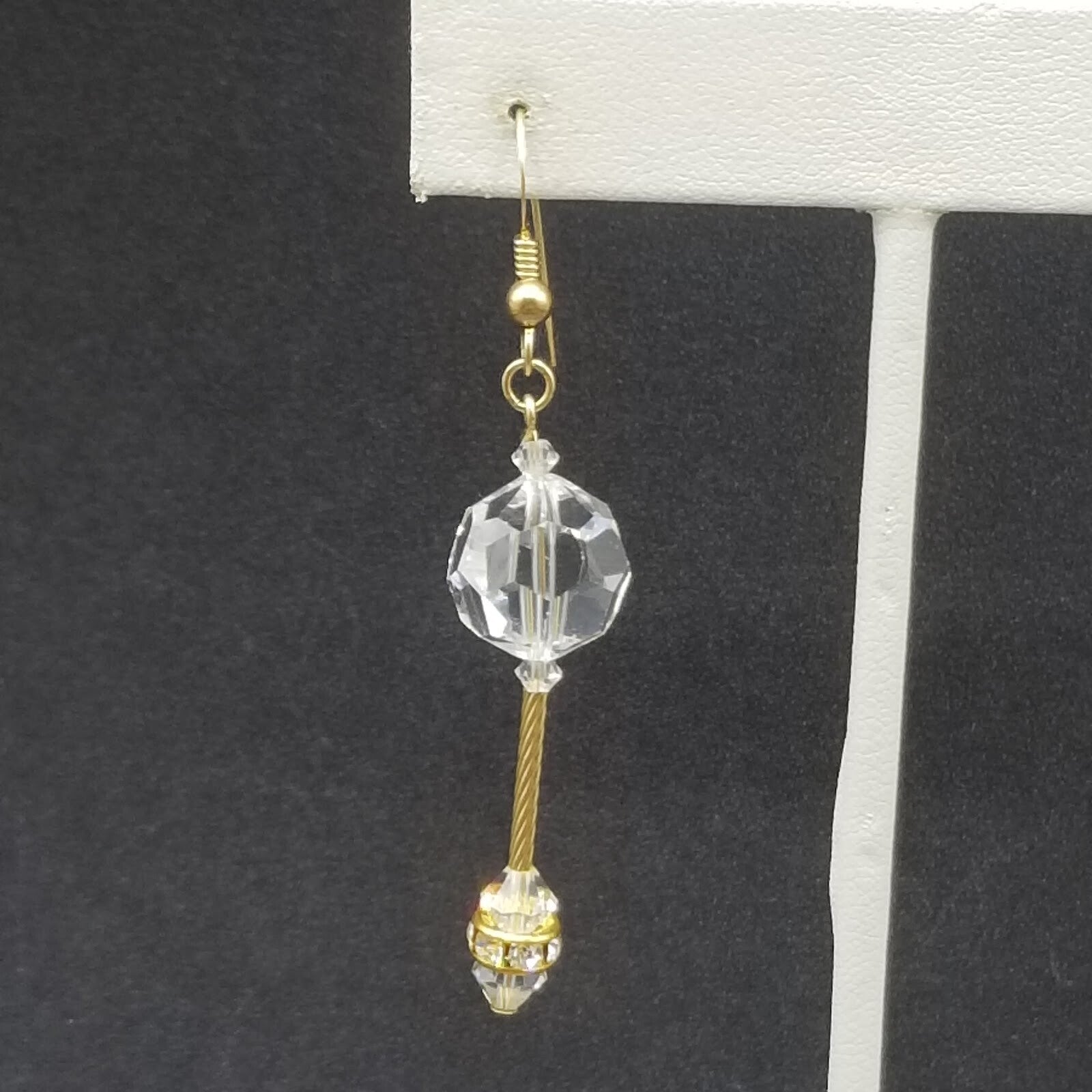Pierced Earrings Gold tone Faceted Crystal Bead Statement Dangle 1 1/2". 4951