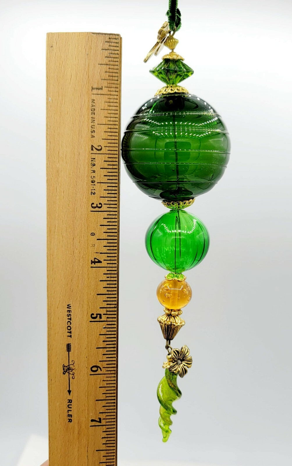 HAND BLOWN GLASS GREEN ORNAMENT 8" Gold Bead Accents Dragonfly