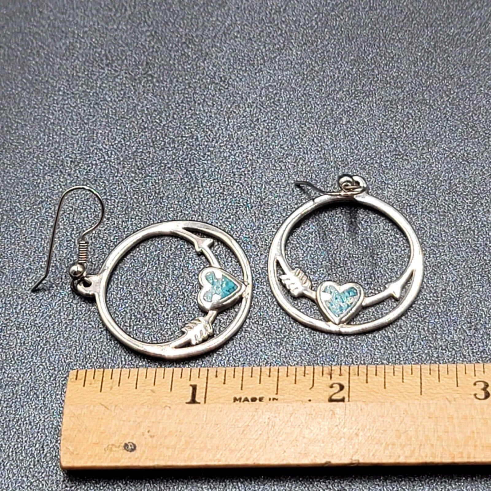 Vtg Pierced Earrings Silver tone Southwest Crushed Turquoise Heart Arrow 1.25"