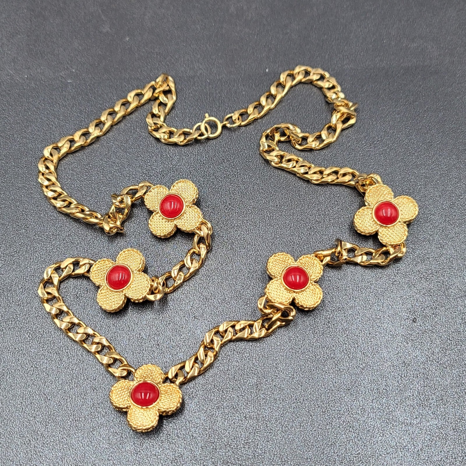 Vintage Heavy Gold Tone Thick Chain Station Red Accents 30"