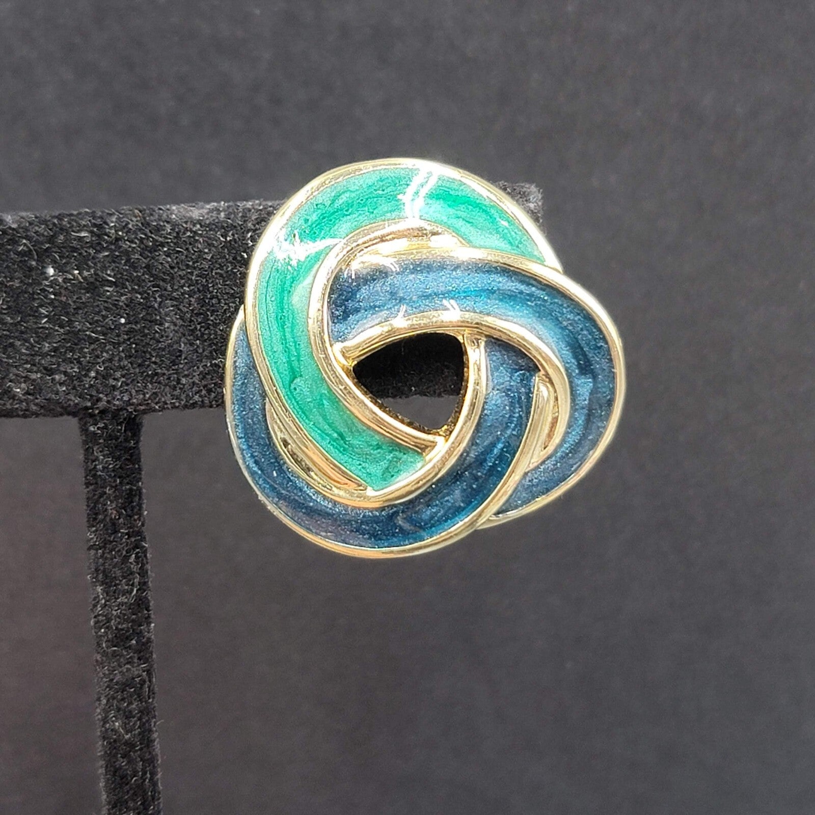 Vintage Pierced Earrings Gold tone Green Blue Enamel Twist Open Work Knot 1 1/8"