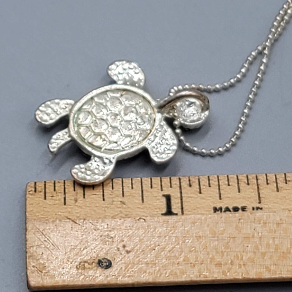 Sea Turtle Necklace Pink Rhinestone Silver tone 18"