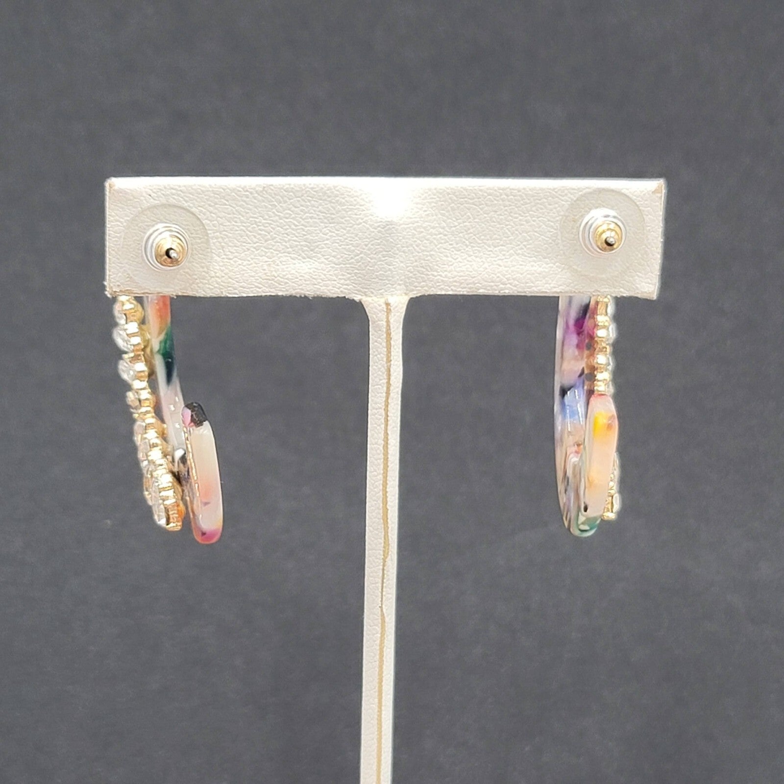 Pierced Earrings Confetti Acrylic Gold tone Rhinestones Hoops Dangle 1.5"