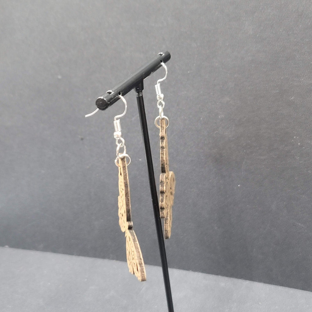 Butterfly Pierced Earrings Wood Cut Open Work Dangle 1 5/8"