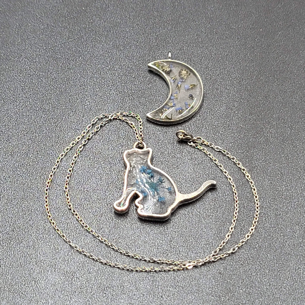 Cat Moon Necklace Silver tone Real Flower Resin Pendants 2 & one chain 18"