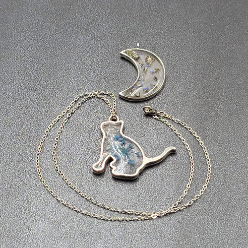 Cat Moon Necklace Silver tone Real Flower Resin Pendants 2 & one chain 18"