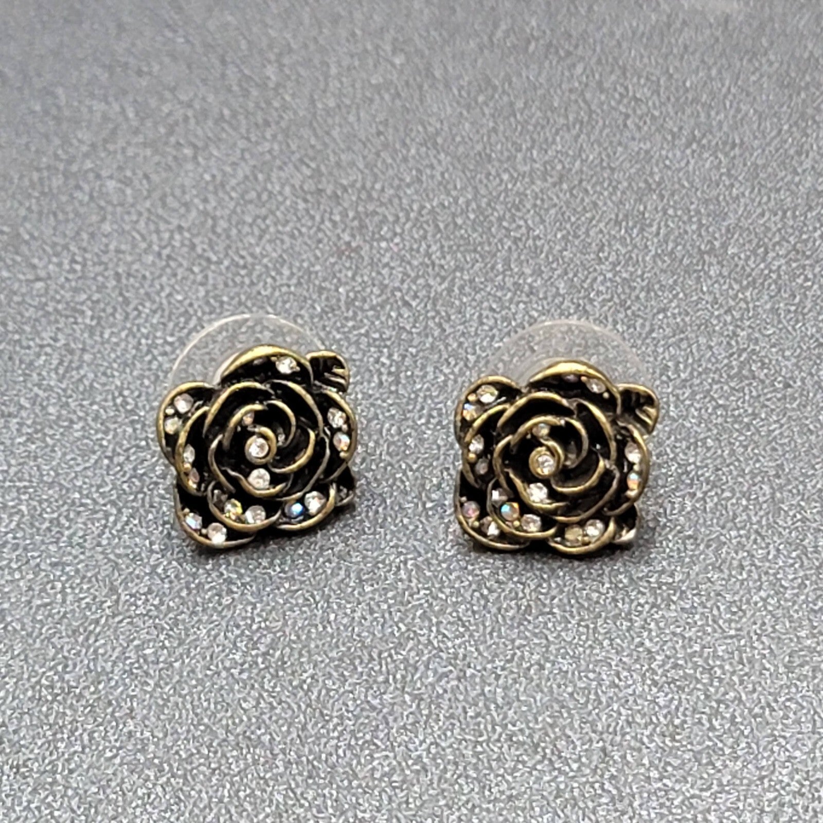 Pierced Earrings Antiqued Gold tone AB Crystal Flower Rose Studs 1/2"