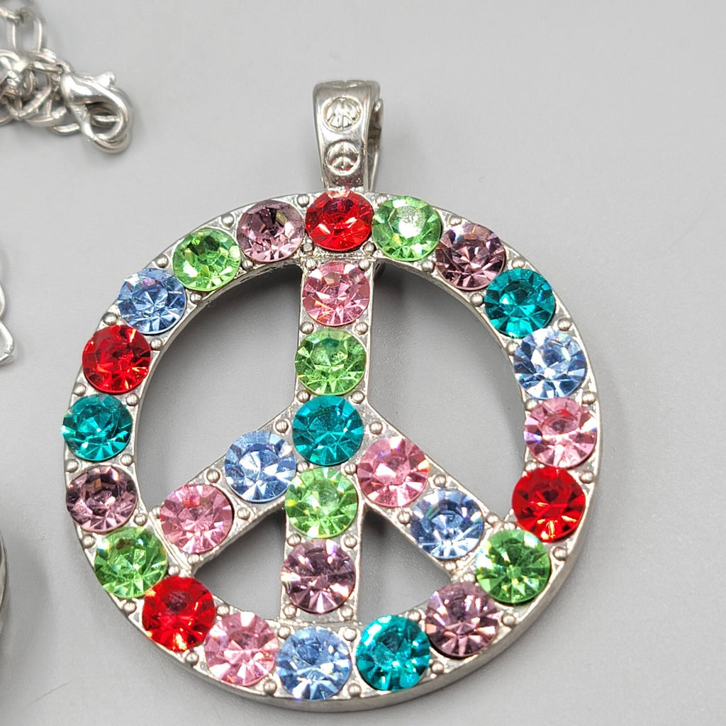 Large Pendant Necklace Heart Locket Rhinestone Peace Sign Silver tone 30"
