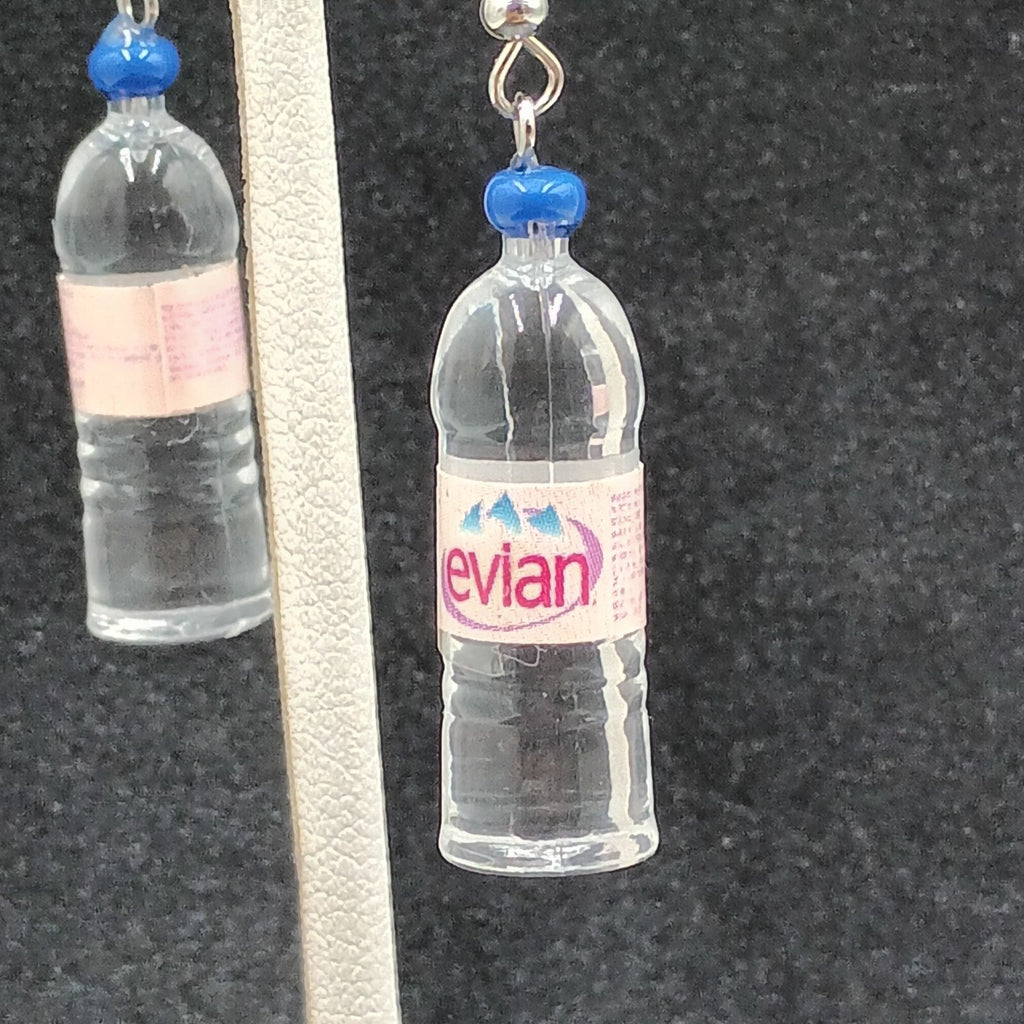 Evian Water Bottle Pierced Earrings  Silver tone Acrylic Miniature Dangle 1 1/4"
