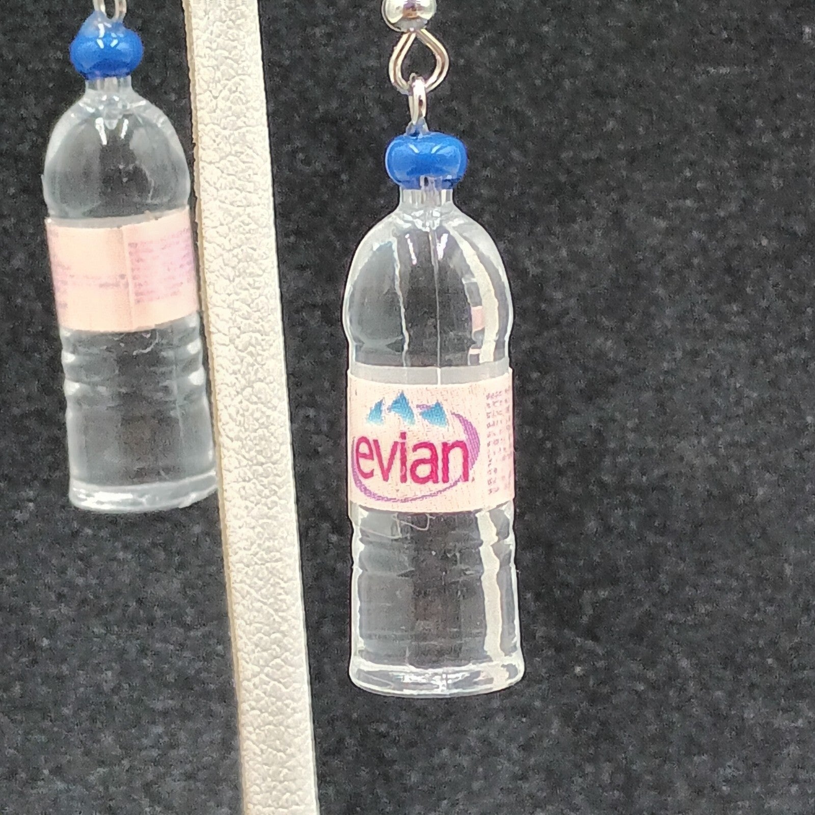 Evian Water Bottle Pierced Earrings  Silver tone Acrylic Miniature Dangle 1 1/4"