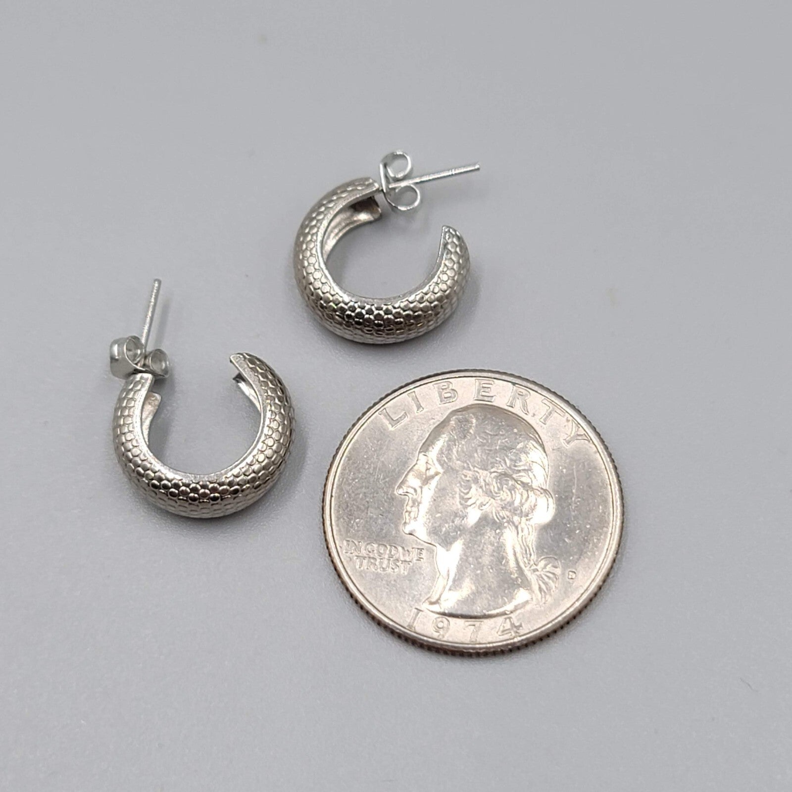 Small Hoop Pierced Earrings Silver tone Textured Hoops 1/2"