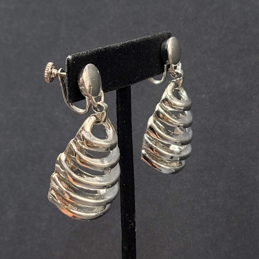 Vintage Clip on Earrings Silver tone Dangle Statement 1 7/8"