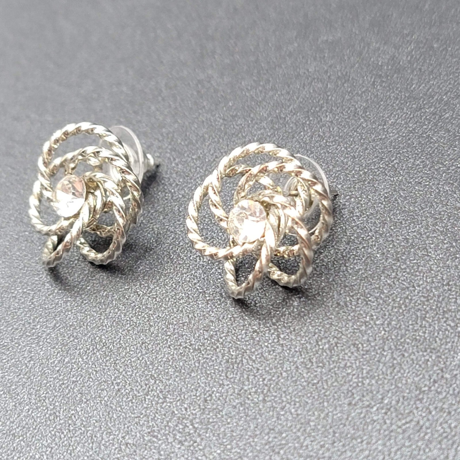 Vintage Pierced Earrings Silver tone Wire Knot Studs Rhinestone Center 3/4"