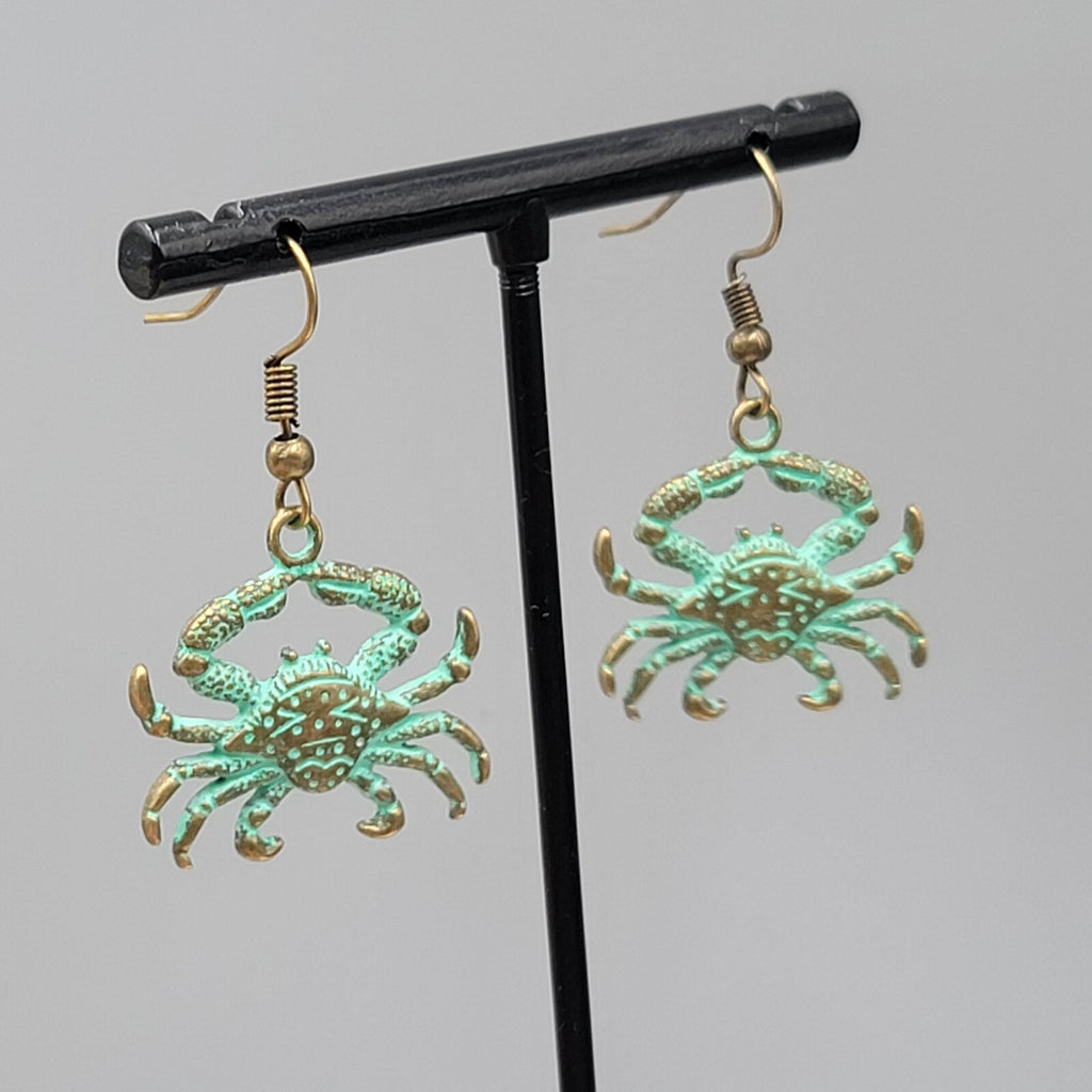 Crab Beach Sea life Pierced Earrings Bronze tone Green wash Dangle 7/8"
