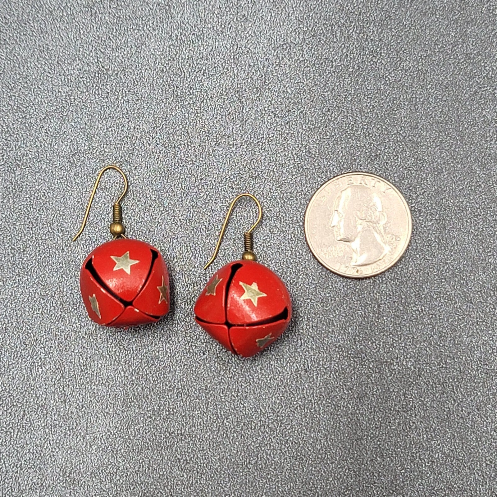 Christmas Pierced Earrings Gold Star Red Painted Jingle Bells 3/4"