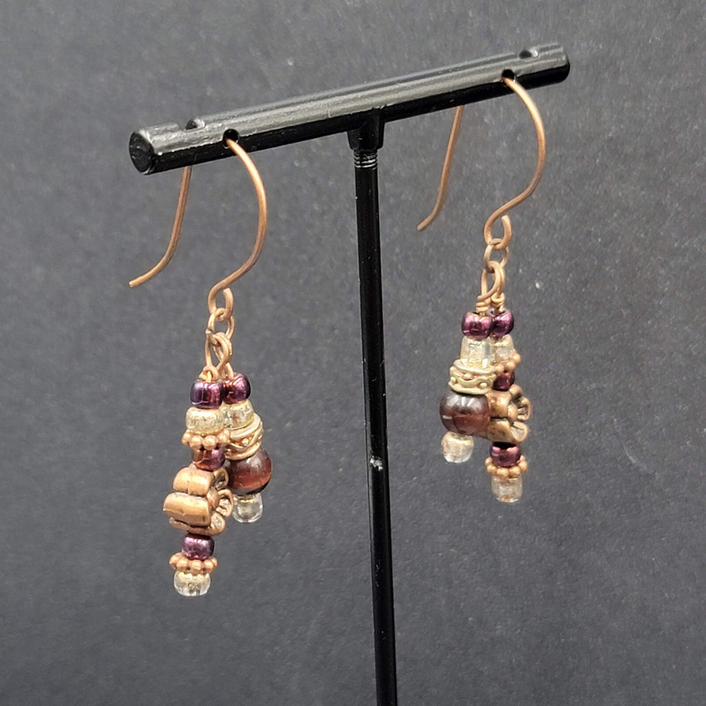 Pierced Earrings Copper tone Red Bead Dangle Flower  1.25"