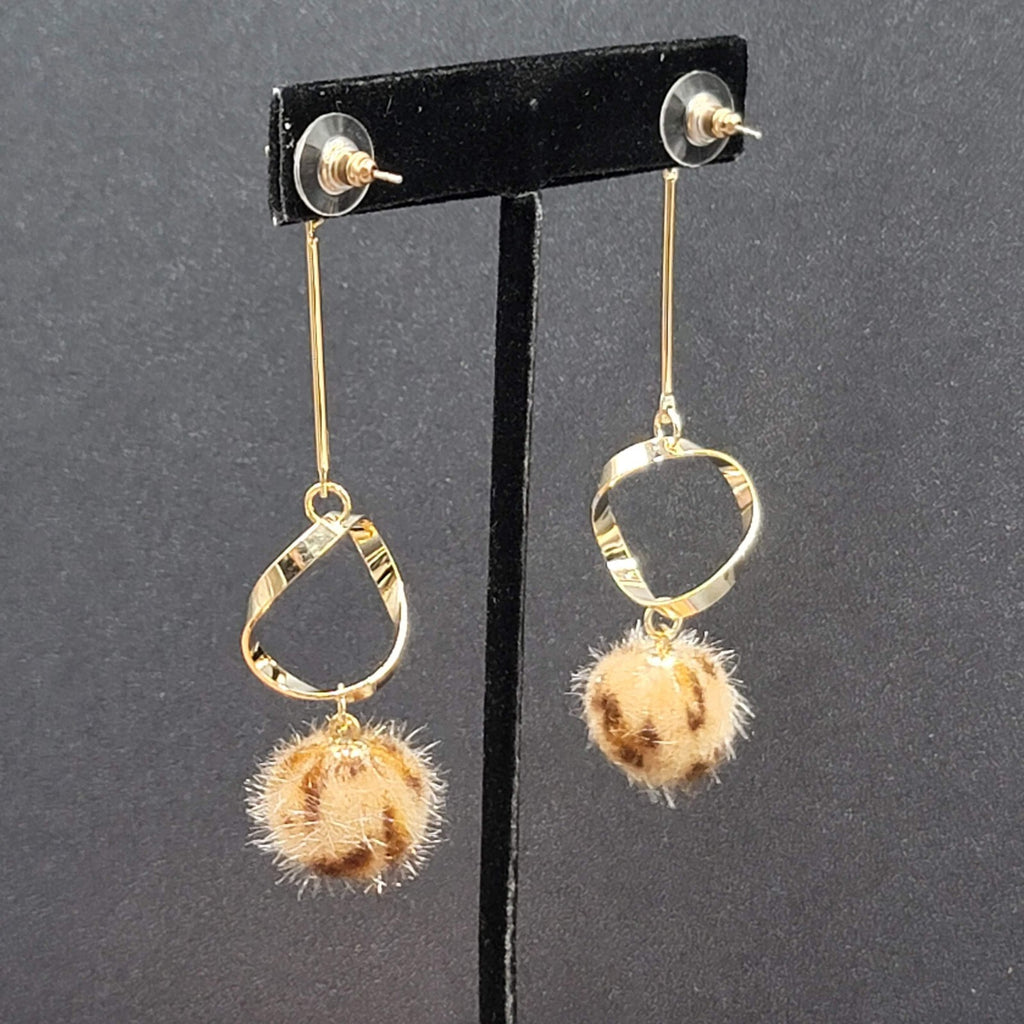 Pierced Earrings Gold tone Crystal Leopard Fuzz Ball Dangle 2.5"